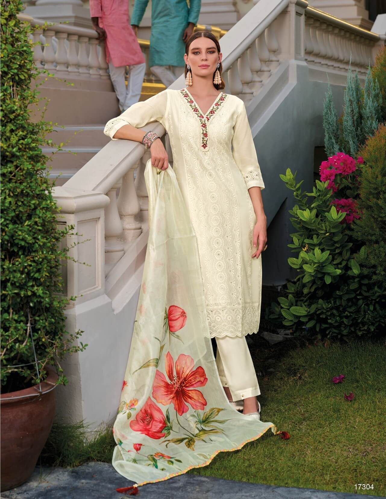 Bored Schiffli Work And Handwork On Chanderi With Inner And Viscose Pant With Organza Dupatta