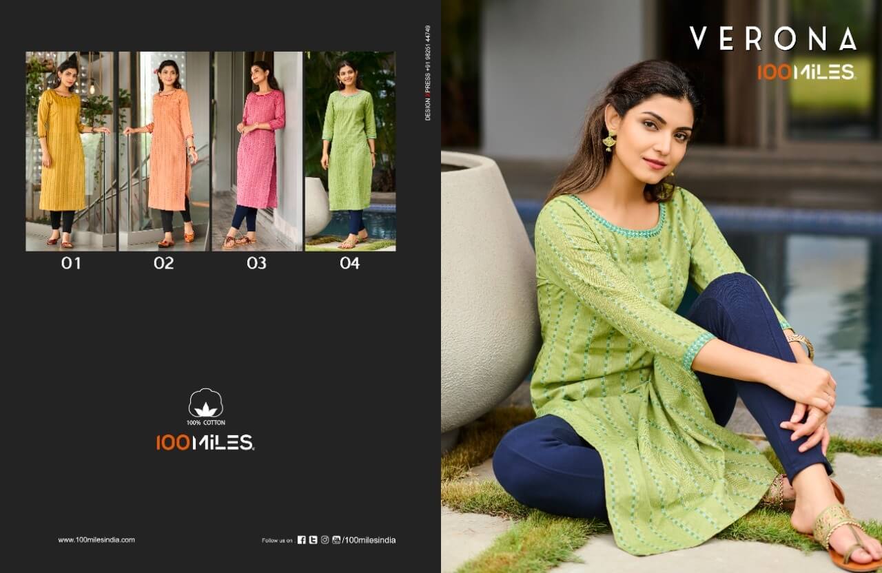 100Miles Verona Cotton Embroidery work Kurtis Wholesale Catalog, Buy Full Catalog Verona By 100Miles Brand in Wholesale Price Online