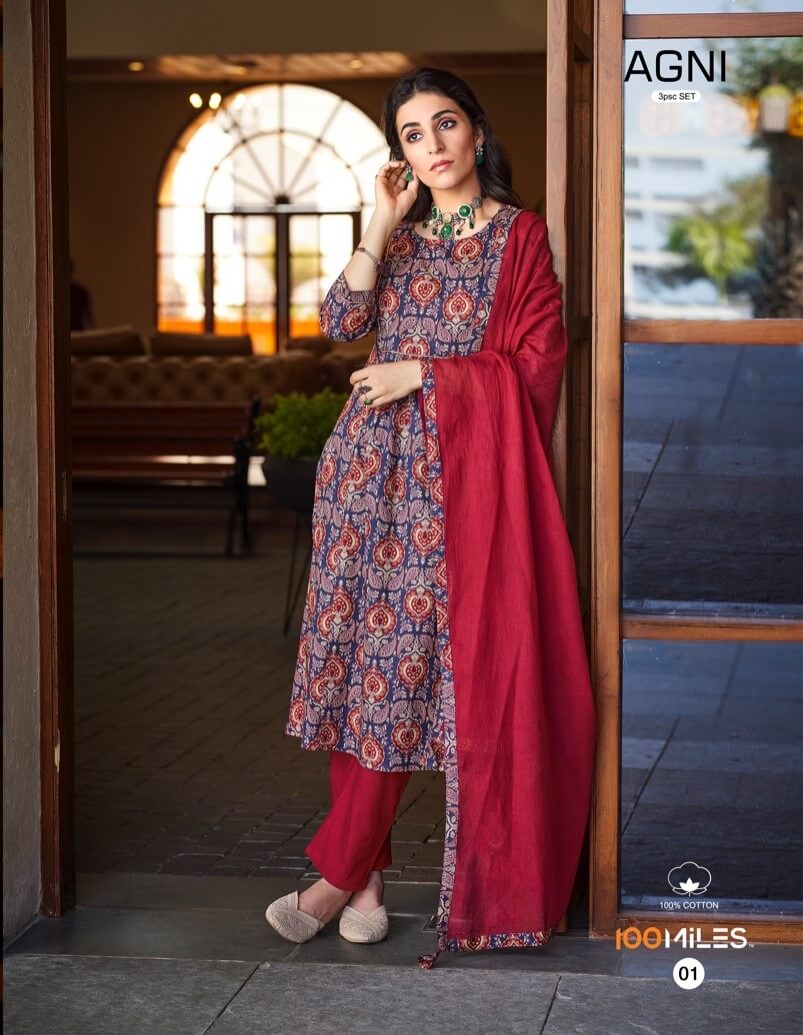 100Miles Agni Pure Cotton Flared Printed Kurti pant Dupatta Set Catalog, Buy 100Miles Agni Pure Cotton Flared Printed Kurti pant Dupatta Set Full Catalog in Wholesale Price Online From Aarvee Creation