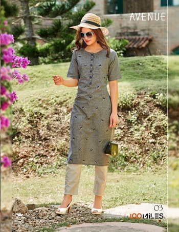 100Miles Avenue Cotton Kurtis With Embroidery work Designer Kurtis Catalogue. Avenue six Designs Pure Cotton Kurtis Wholesale Catalogue by 100 Miles Brand. Buy Ladies Kurtis in Bulk for Reselling