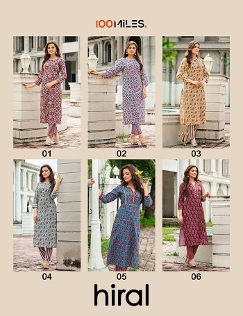 100Miles Kurtis With Pant Set Wholesale Catalog, Pure Cotton Printed Kurti with lace detailing Cotton Pants Collections Hiral by 100Miles Brand