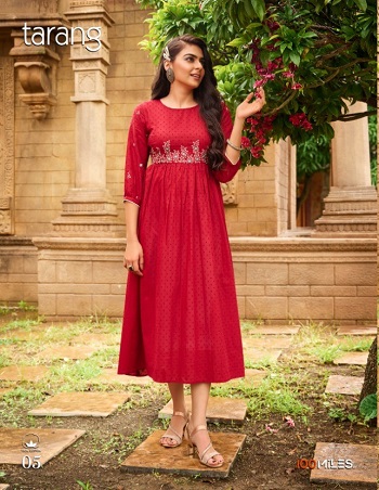 Tarang Wholesale Kurtis Catalog by 100Miles, Cotton Embroidered Long Dress With Flair Gathers and Half Inner Catalogue by 100Miles Brand at wholesale price