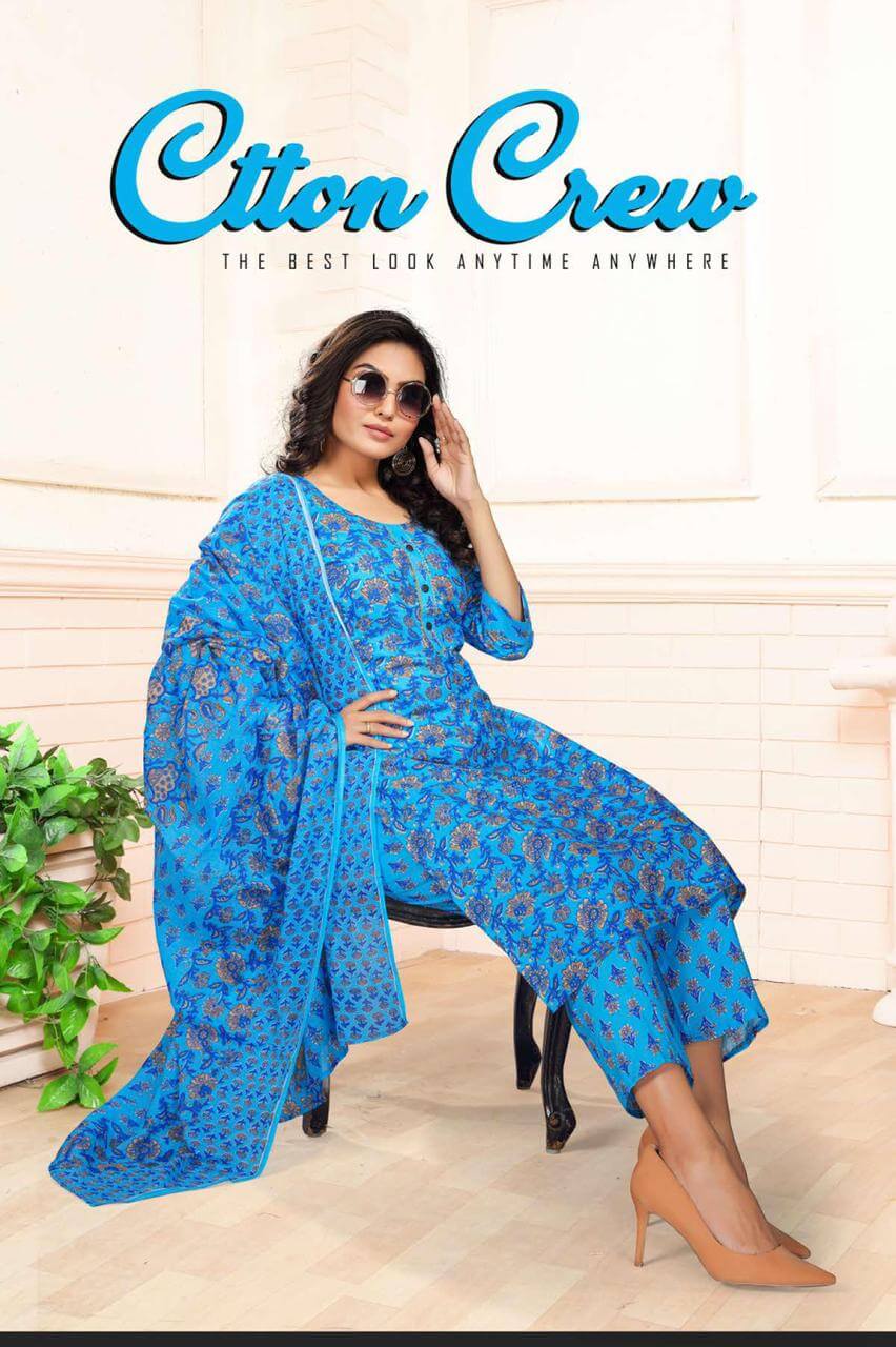 Cotton Crew Kurti Pant Dupatta Set Catalog In Wholesale Price. Purchase Full Catalog of Cotton Crew In Wholesale Price Online