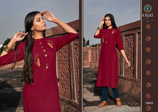 Kalki Fashion Kurtis Manufacturer Launches New Kurti Catlogue Pehchan. Kalki Fashion Pehchan catlogue is of 14 kG.Rayon Plain Fabric Kurtis. Kalki Fashion Pehchan Designer Hand Work & Accessory Work Fully Stitched Ladies Kurta Catalogue From Wholesale Bazar Of Surat. Kurti Wholesaler Of Surat Presents Pehchan 9 Designs Ladies Kurta Bunch With Best Quality Fabric. 