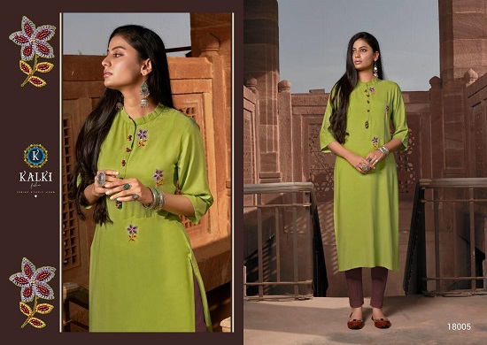 Kalki Fashion Kurtis Manufacturer Launches New Kurti Catlogue Pehchan. Kalki Fashion Pehchan catlogue is of 14 kG.Rayon Plain Fabric Kurtis. Kalki Fashion Pehchan Designer Hand Work & Accessory Work Fully Stitched Ladies Kurta Catalogue From Wholesale Bazar Of Surat. Kurti Wholesaler Of Surat Presents Pehchan 9 Designs Ladies Kurta Bunch With Best Quality Fabric. 