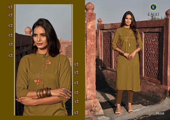 Kalki Fashion Kurtis Manufacturer Launches New Kurti Catlogue Pehchan. Kalki Fashion Pehchan catlogue is of 14 kG.Rayon Plain Fabric Kurtis. Kalki Fashion Pehchan Designer Hand Work & Accessory Work Fully Stitched Ladies Kurta Catalogue From Wholesale Bazar Of Surat. Kurti Wholesaler Of Surat Presents Pehchan 9 Designs Ladies Kurta Bunch With Best Quality Fabric. 