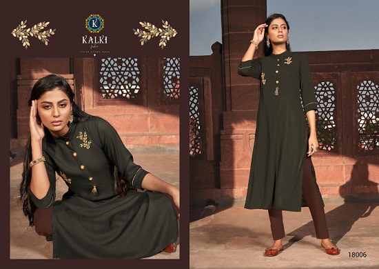 Kalki Fashion Kurtis Manufacturer Launches New Kurti Catlogue Pehchan. Kalki Fashion Pehchan catlogue is of 14 kG.Rayon Plain Fabric Kurtis. Kalki Fashion Pehchan Designer Hand Work & Accessory Work Fully Stitched Ladies Kurta Catalogue From Wholesale Bazar Of Surat. Kurti Wholesaler Of Surat Presents Pehchan 9 Designs Ladies Kurta Bunch With Best Quality Fabric. 