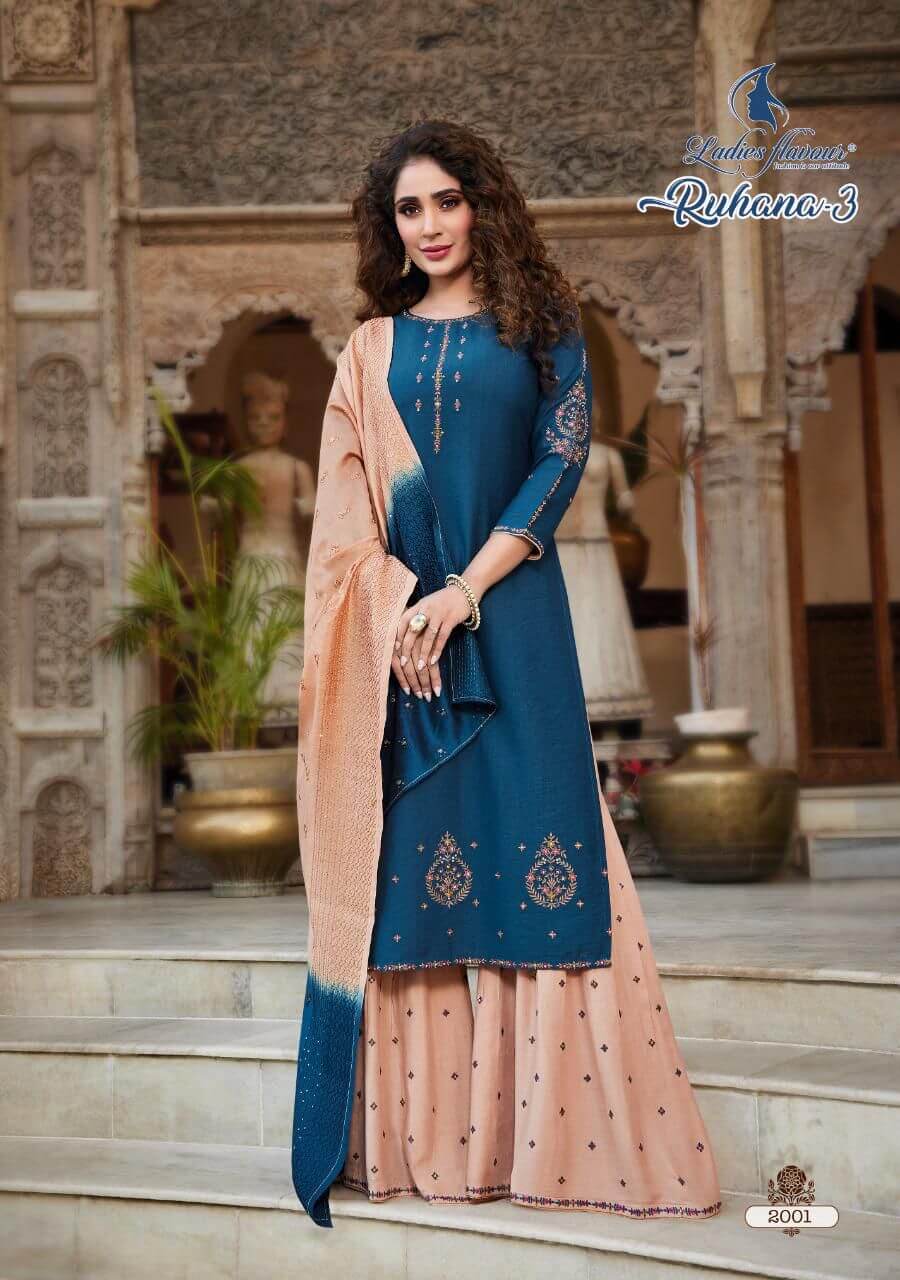 Ladies Flavour Ruhana Vol 3 Kurta Sharara Dupatta Set Wholesale Catalog. Purchase Full Catalog of Kurta Sharara Dupatta Set In Wholesale Price Online