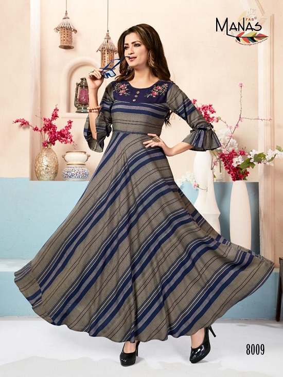 Blue Rayon Printed Ready Made Long Gown Style Kurti – TDO Australia