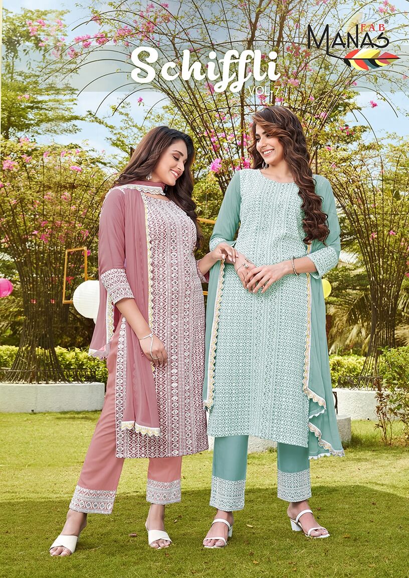 Manas Fab Schiffli Vol 7 Kurti Bottom Dupatta Set Catalog Wholesale Price. Purchase Full Catalog Of manas fab Schiffli Vol 7 In Wholesale Price Online