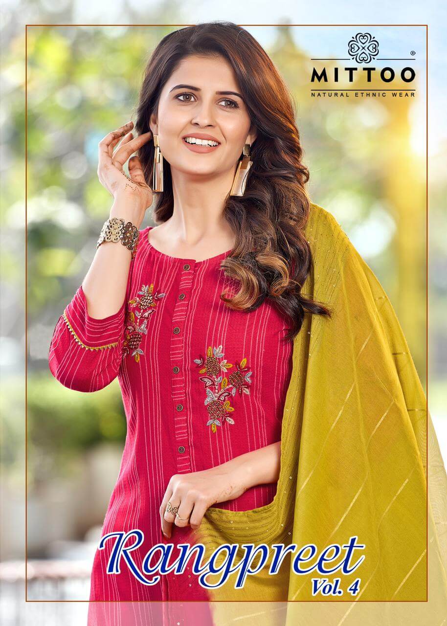 Mittoo Rangpreet Vol 4 Kurti Pant Dupatta Set Catalog In Wholesale Price. Purchase Full Catalog of Mittoo Rangpreet Vol 4 In Wholesale price Online