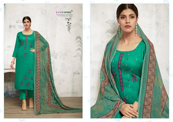 Rani Export Peonia Dress Material Wholesale Catalogue. Rani Export Launches new Designs Dress Material Wholesale Catalogue Peonia with pure zam silk top, cotton dyed bottom and heavy chinon dupatta fabric. Buy Rani Export ladies suits unstittched dress material at bulk and wholesale price online for retail business and lowest wholesale rate from surat textile market online