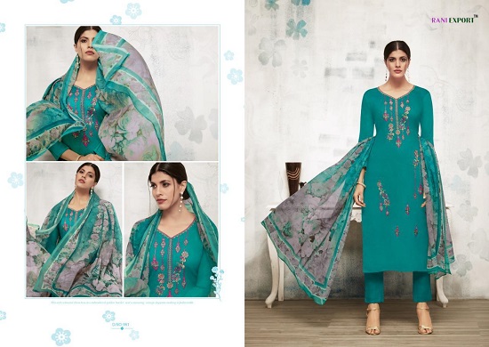 Rani Export Peonia Dress Material Wholesale Catalogue. Rani Export Launches new Designs Dress Material Wholesale Catalogue Peonia with pure zam silk top, cotton dyed bottom and heavy chinon dupatta fabric. Buy Rani Export ladies suits unstittched dress material at bulk and wholesale price online for retail business and lowest wholesale rate from surat textile market online