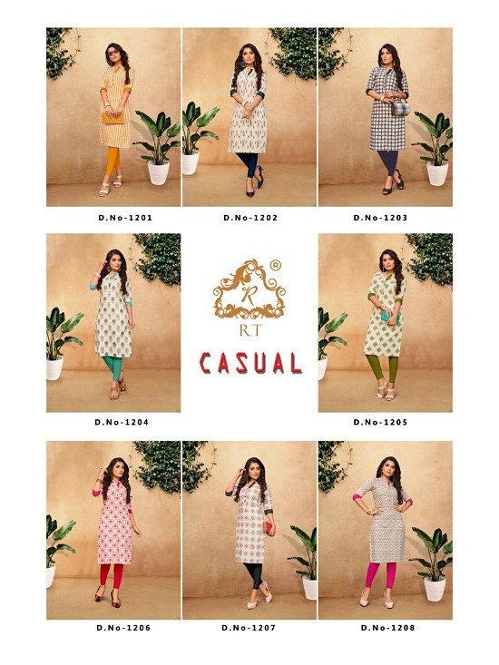 Rijiya Trends (RT) Presents New Kurtis Catalogue Casual. Buy Premium Quality Cotton Flex Print Kurtis From Surat Kurti Manufacturer,Dealer And Wholesaler At Lowest Wholesale Price Online. Buy RT Casual Kurtis 8 Design Bunch In Bulk Rate. Order Highest Selling Cotton Print Kurtis Catalogue Online In Wholesale For Business 