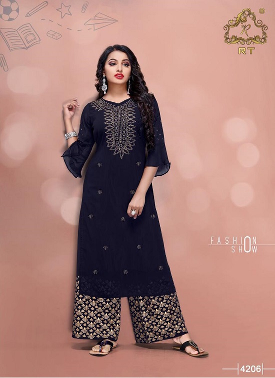 Rijiya Trends RT Swarovski Vol 2 Kurtis With Plazzo Wholesale Catalogue. Rijiya Trends RT Launches New Catalogue Of Georgette Top With Plazzo and Beautiful Diamond Work and Foil Print. RT Swarovski Vol 2 is latest designs matched with current fashion trends  Kurtis with plazzo set from ladies kurtis manufacturer from surat. We presents RT kurti with plazzo set in best wholesale price for retail business of women wear 