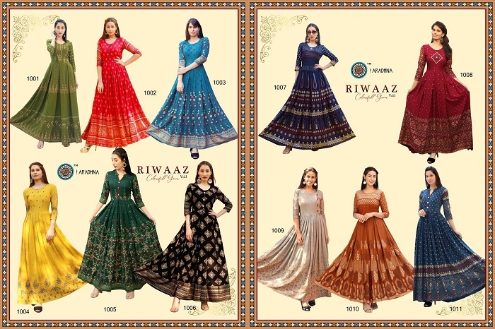 Aradhna Launches Ladies Long Gown Kurtis Catalogue Riwaaaz volume 1, Riwaaz Gowns are Made From Rayon Fabric With Foil And Print (Dry Clean) Pattern, Dispatch From 12th Feb