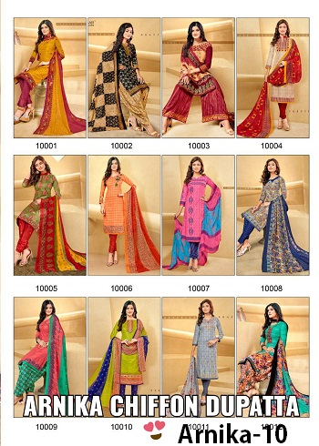 Arnika volume 10 Wholesale Dressmatrials 12 Designs catalog with Chiffon Dupatta in Wholesale Price, Purchase Balaji Dressmaterials in bulk for Ladies Garment Retail Business