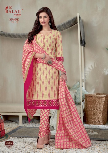 Balaji Cotton Spark Vol 15 Cotton Printed Dress Materials Wholesale Catalogue. Buy Cotton Unstitched Dress Material with cotton Dupatta and bottom at wholesale price online for Business