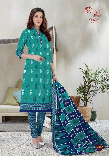 Balaji Cotton Spark Vol 15 Cotton Printed Dress Materials Wholesale Catalogue. Buy Cotton Unstitched Dress Material with cotton Dupatta and bottom at wholesale price online for Business