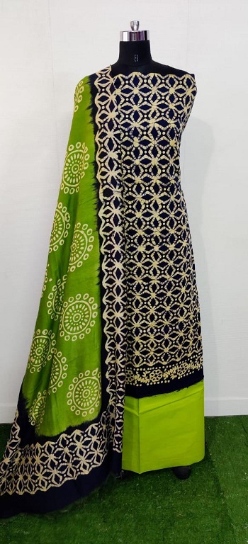 Silver batik print cotton dress materials with chiffon dupatta | Kiran's  Boutique