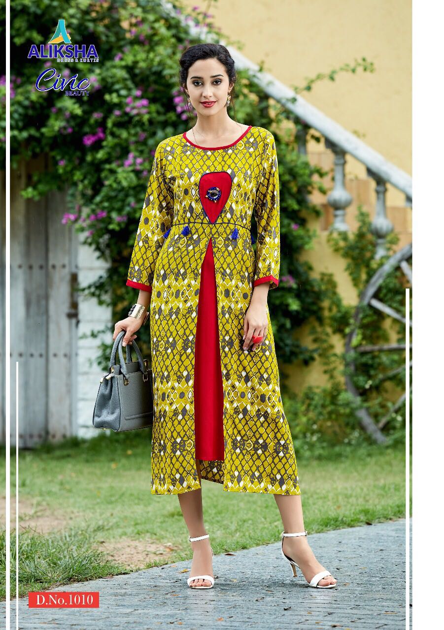 civic beauty vol 1 Aarvee Creation ALIKSHA CIVIC BEAUTY VOL 1 REYON DHABU PRINT HEAVY REYON WORK DESIGNER LONG KURTIS