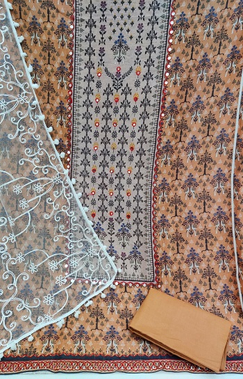 Cotton Printed With Mirror work and Embroidery work Suit Material in wholesale with Net Dupatta, Top 2.30 Dupatta 2.20 Bottom 2.00