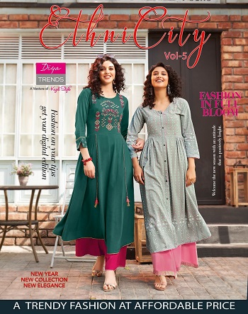 Diya Trends Launches New Kurti Gown Catalog Ethnicity Vol 5, Ethnicity Vol 5 Kurtis Are Made From Rayon Fabric with Embroidery and Print Work, Diya Ethnicity vol 5 is of only Kurtis catalogue 