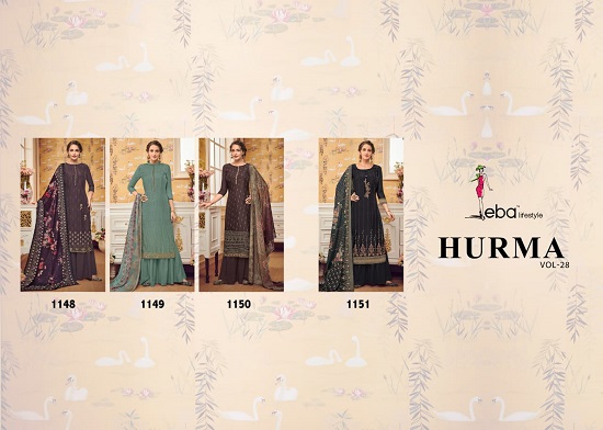 Eba Lifestyle Hurma Vol 28 Wholesale Dress Material. Hurma vol 28 Partywear Dress material catalogue of four designs in wholesale by Eba Lifestyle