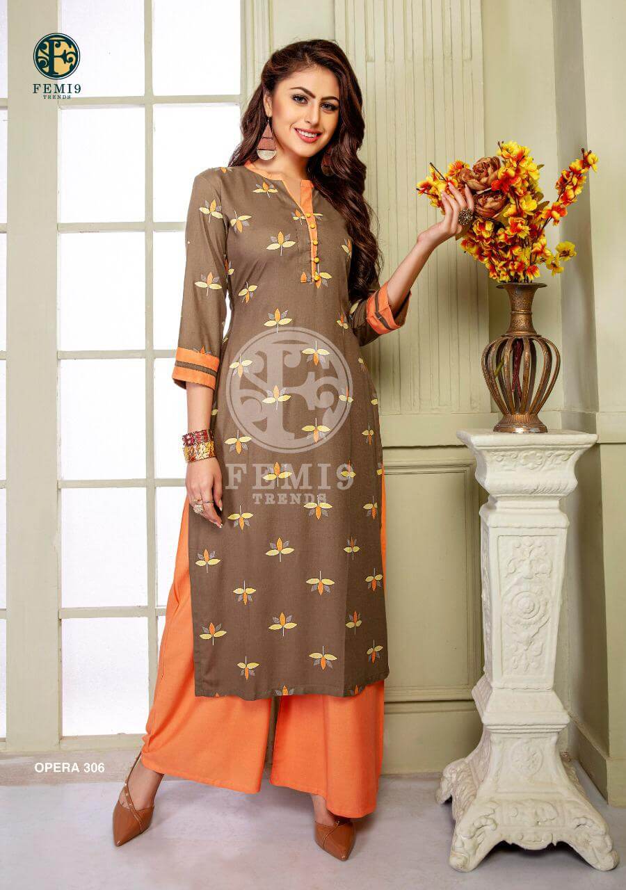 Femi9 Trends Presents Opera Vol 3 14Kg Rayon Kurtis With Plazzo Wholesale Catalogue Femi9 Trends Surat And  Ahmedabad Based Kurti Manufacturer Launched Plazzo And Kurti set Catalogue Buy Online Femi9 Opera Vol 3 Plazzo with Kurti Set Catalogue at best Wholesale Rate
