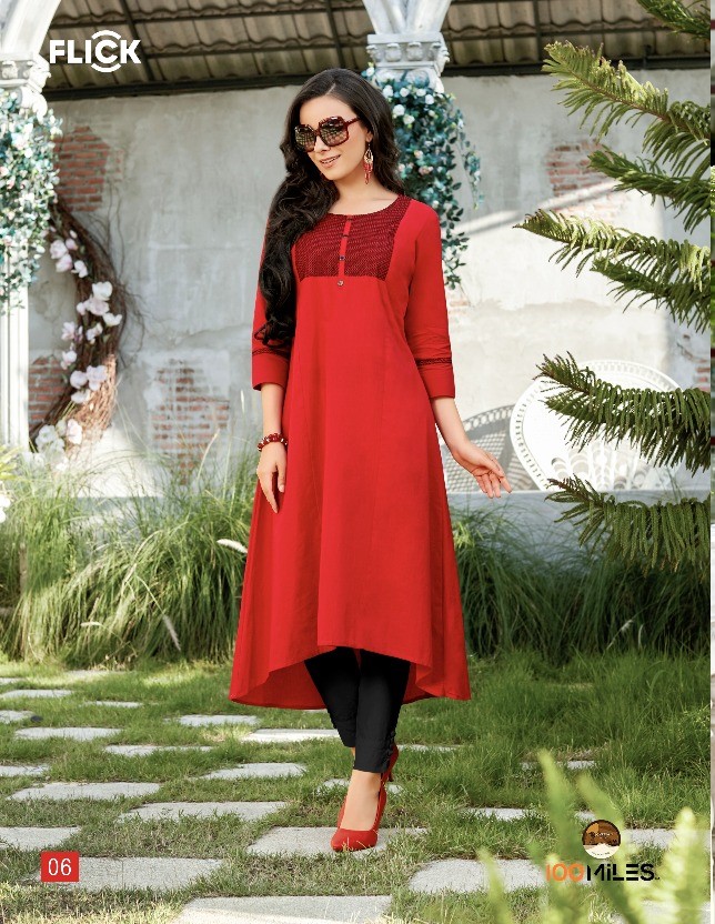 100 MILES FLICK COTTON EMBROIDERED FLARE WHOLESALE KURTIS CATALOG