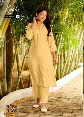 Global Local Brand Launches New Ladies Kurti Pant Set Catalog in Wholesale, Kosh Muslin Fabric with lace detailing kurtis six pair catalogue at lowest rate