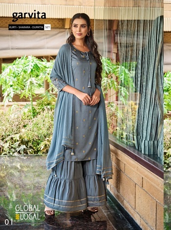 Garvita Kurti With Sharara And Dupatta Wholesale Catalog by Global Local Brand, Aarvee Creation Wholesaler Of Womens Cloths Presents 3 Piece Catalog of Kurti With Sharara And Dupatta Garvita in Wholesale Price
