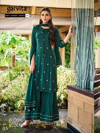 Garvita Kurti With Sharara And Dupatta Wholesale Catalog by Global Local Brand, Aarvee Creation Wholesaler Of Womens Cloths Presents 3 Piece Catalog of Kurti With Sharara And Dupatta Garvita in Wholesale Price