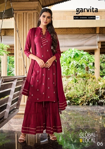 Garvita Kurti With Sharara And Dupatta Wholesale Catalog by Global Local Brand, Aarvee Creation Wholesaler Of Womens Cloths Presents 3 Piece Catalog of Kurti With Sharara And Dupatta Garvita in Wholesale Price