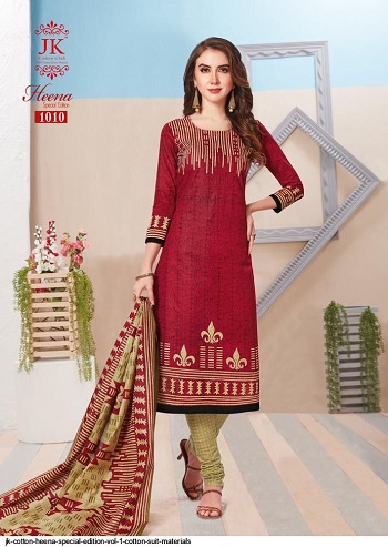 JK Heena Vol 1 Special Adition Cotton Dress Material Wholesale Catalogue. Purchase Cotton Printed Dress Material in wholesale rate online.