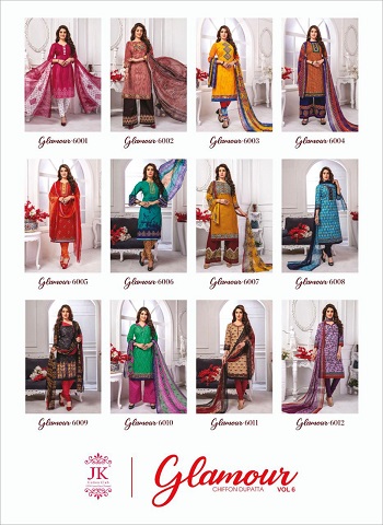 Glamour Vol 6 Cotton Printed Dress Materials by JK Cotton Club. Buy Cotton Dress Materials with Chiffon Dupatta in wholesale rate for reselling.