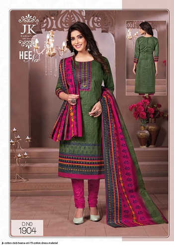 Heena volume 19 Cotton Dress Materials Catalog, Purchase Ladies Salwar Kameez Catalogue Heena Vol 19 by JK Cotton Club in Bulk Price, Cotton Dress Materials With Cotton Dupatta Wholesale Catalogue Of Women Dress Heena Vol 19