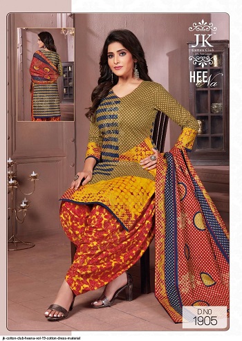 Heena volume 19 Cotton Dress Materials Catalog, Purchase Ladies Salwar Kameez Catalogue Heena Vol 19 by JK Cotton Club in Bulk Price, Cotton Dress Materials With Cotton Dupatta Wholesale Catalogue Of Women Dress Heena Vol 19