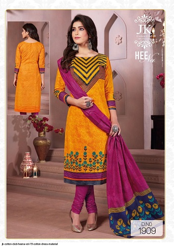 Heena volume 19 Cotton Dress Materials Catalog, Purchase Ladies Salwar Kameez Catalogue Heena Vol 19 by JK Cotton Club in Bulk Price, Cotton Dress Materials With Cotton Dupatta Wholesale Catalogue Of Women Dress Heena Vol 19