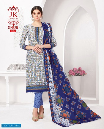 JK Simran Cotton Printed Dress Materials Wholesale Catalogue. Purchase Cotton Dress Materials in bulk at wholesale price online from Gujarat Textile Market