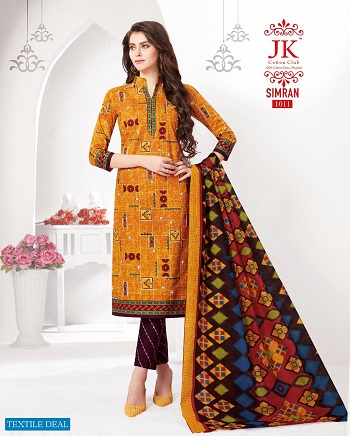 JK Simran Cotton Printed Dress Materials Wholesale Catalogue. Purchase Cotton Dress Materials in bulk at wholesale price online from Gujarat Textile Market