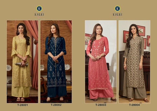 Kalki First Look top with bottom wholesale catalog. First Look Kurtis with Plazzo Wholesale catalogue by Kalki Fashion Surat.