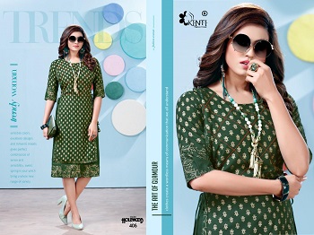 Hollywood vol 4 Foil Print Kurtis Catalog By Kinti, Manufacturer of Kurtis, Buy ten Designs Bunch of Rayon Slub Kurtis For Retail Business of women Kurtis at bulk Price online