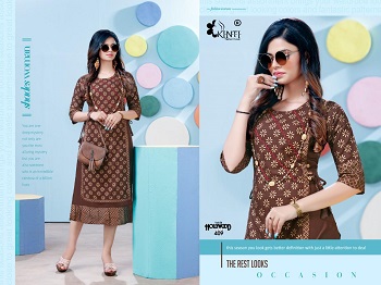 Hollywood vol 4 Foil Print Kurtis Catalog By Kinti, Manufacturer of Kurtis, Buy ten Designs Bunch of Rayon Slub Kurtis For Retail Business of women Kurtis at bulk Price online