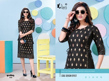 Hollywood vol 4 Foil Print Kurtis Catalog By Kinti, Manufacturer of Kurtis, Buy ten Designs Bunch of Rayon Slub Kurtis For Retail Business of women Kurtis at bulk Price online