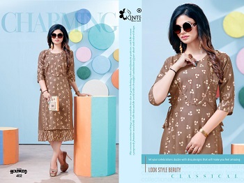 Hollywood vol 4 Foil Print Kurtis Catalog By Kinti, Manufacturer of Kurtis, Buy ten Designs Bunch of Rayon Slub Kurtis For Retail Business of women Kurtis at bulk Price online