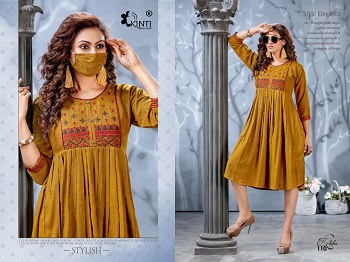 Kritika Flair Kurtis Catalogue By Kinti, Purchase Embroidery work Rayon two tone Slub Kurtis in Bulk for Retail Shop, Kritika 10 Designs Rayon Slub Kurtis Wholesale Collection