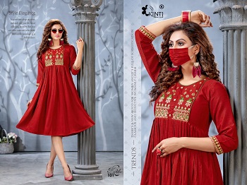Kritika Flair Kurtis Catalogue By Kinti, Purchase Embroidery work Rayon two tone Slub Kurtis in Bulk for Retail Shop, Kritika 10 Designs Rayon Slub Kurtis Wholesale Collection