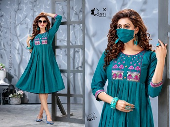 Kritika Flair Kurtis Catalogue By Kinti, Purchase Embroidery work Rayon two tone Slub Kurtis in Bulk for Retail Shop, Kritika 10 Designs Rayon Slub Kurtis Wholesale Collection