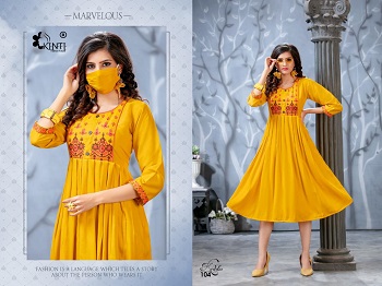 Kritika Flair Kurtis Catalogue By Kinti, Purchase Embroidery work Rayon two tone Slub Kurtis in Bulk for Retail Shop, Kritika 10 Designs Rayon Slub Kurtis Wholesale Collection